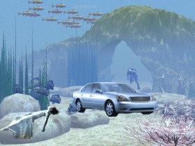 لكزس واقف في قاع البحر وبنت نايمه فوق الصخرة