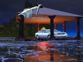 لكزس واقف تحت مظلة وبنت نايمه فوق المظل